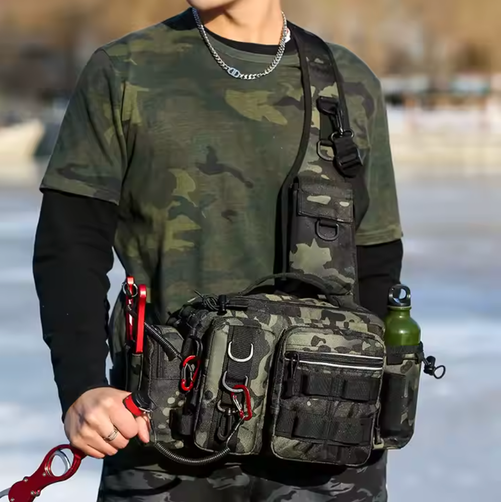 Vattentät fiskväska med axelrem och höftrem | Kompakt fiskeväska & spöbag